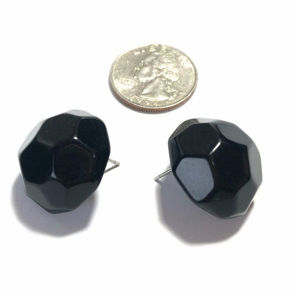 Black Faceted Retro Button Stud Lucite Earrings - Picture 7 of 8